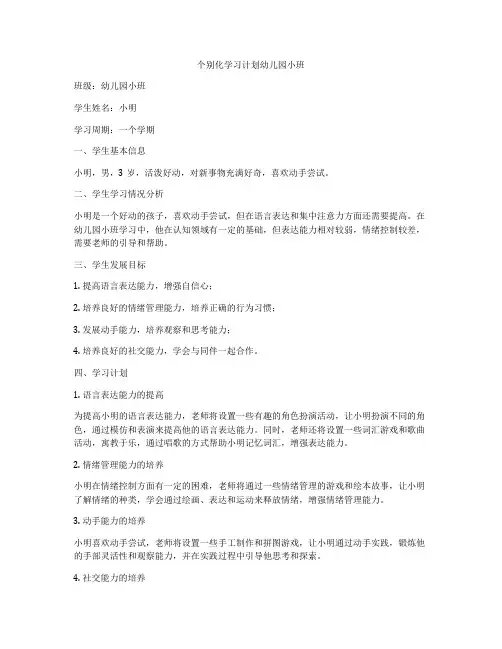 个别化学习计划幼儿园小班