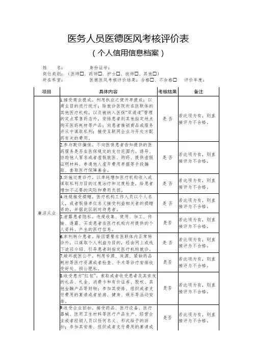 医务人员医德医风考核评价表