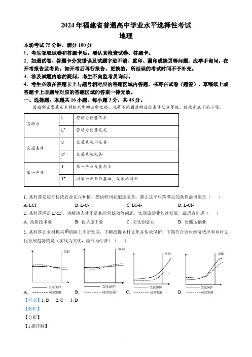 2024年高考真题——地理(福建卷) Word解析版