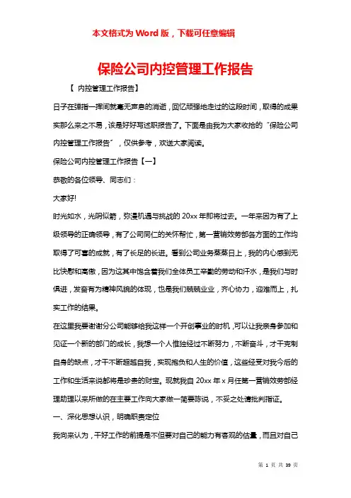保险公司内控管理工作报告
