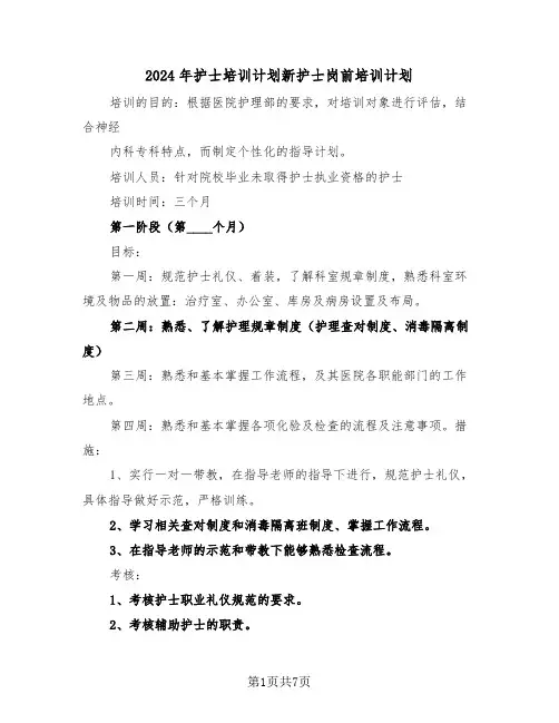 2024年护士培训计划新护士岗前培训计划（3篇）
