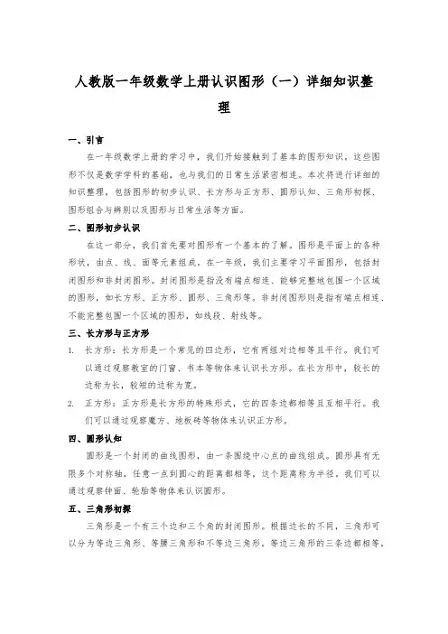 人教版一年级数学上册认识图形(一)详细知识整理