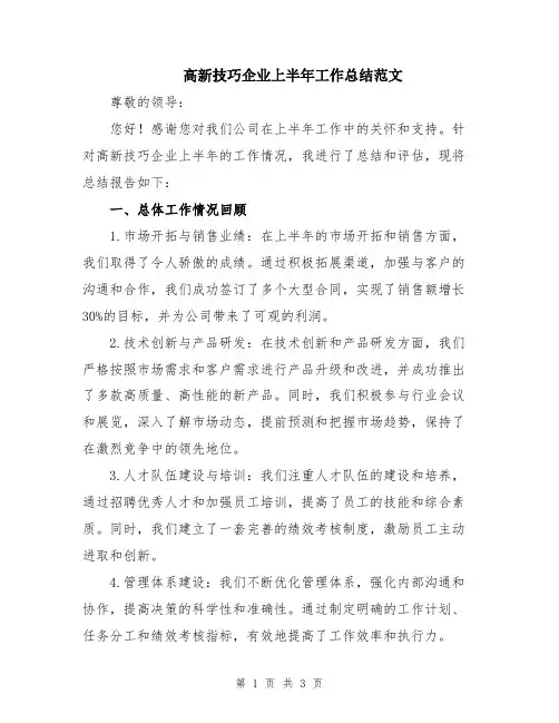 高新技巧企业上半年工作总结范文