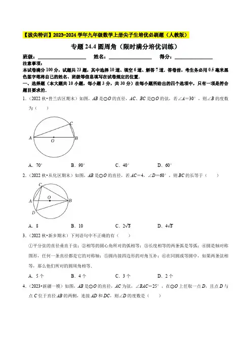 圆周角(限时满分培优训练)-九年级数学上册尖子生培优必刷题(原卷版)【人教版】