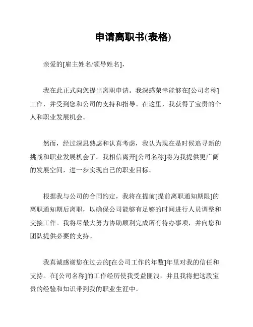 申请离职书(表格)