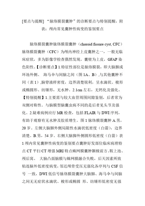[要点与提醒] “脉络膜裂囊肿”的诊断要点与特别提醒,附表：颅内常见囊肿性病变的鉴别要点