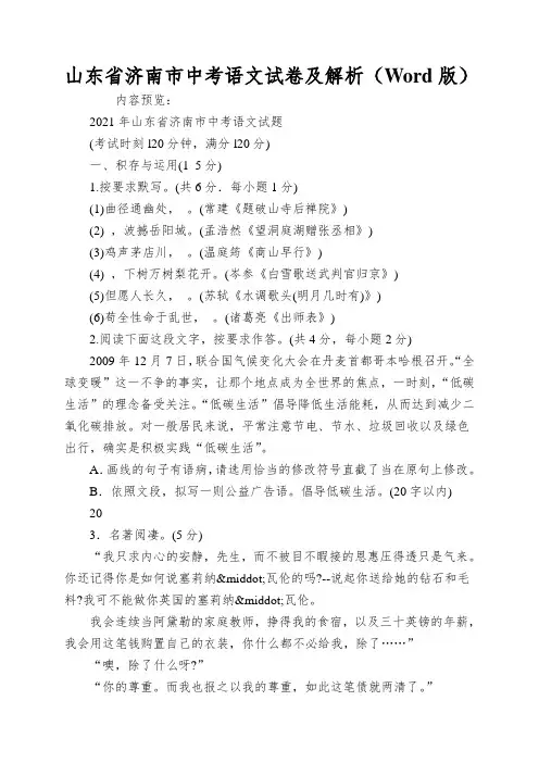 山东省济南市中考语文试卷及解析(Word版)