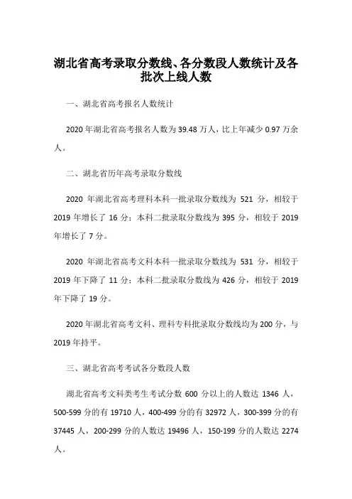 湖北省高考录取分数线、各分数段人数统计及各批次上线人数