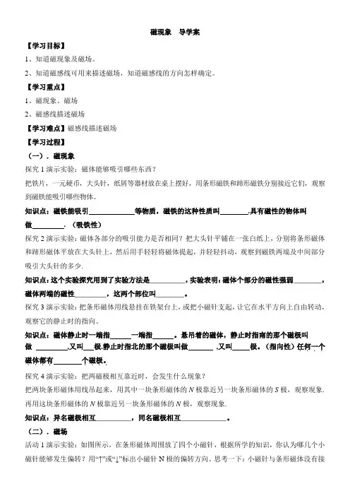 初中物理人教九年级(2023年新编)第二十章 电与磁《磁现象磁场》导学案
