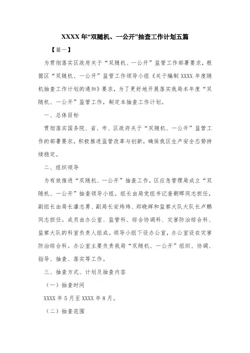 XXXX年“双随机、一公开”抽查工作计划五篇.doc