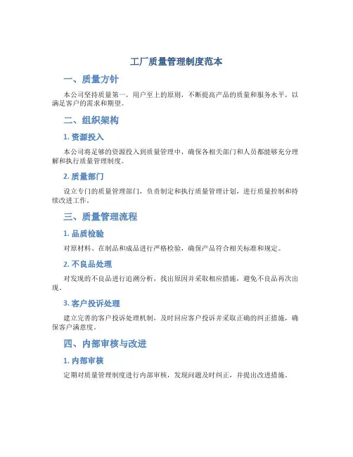 工厂质量管理制度范本