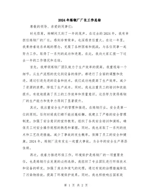 2024年炼钢厂厂长工作总结
