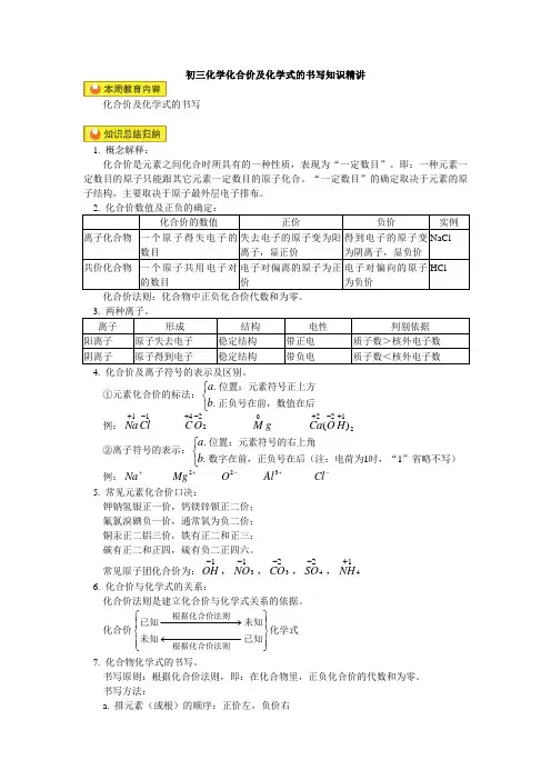 初三化学化合价及化学式的书写知识精讲