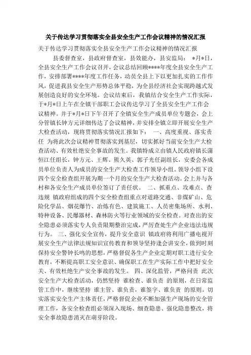 关于传达学习贯彻落实全县安全生产工作会议精神的情况汇报(精简篇)