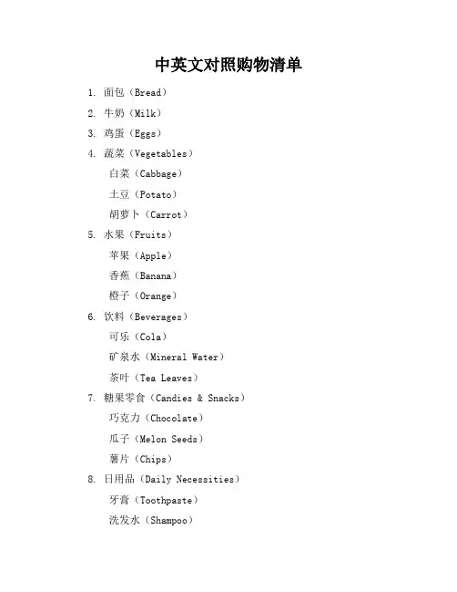 中英文对照购物清单