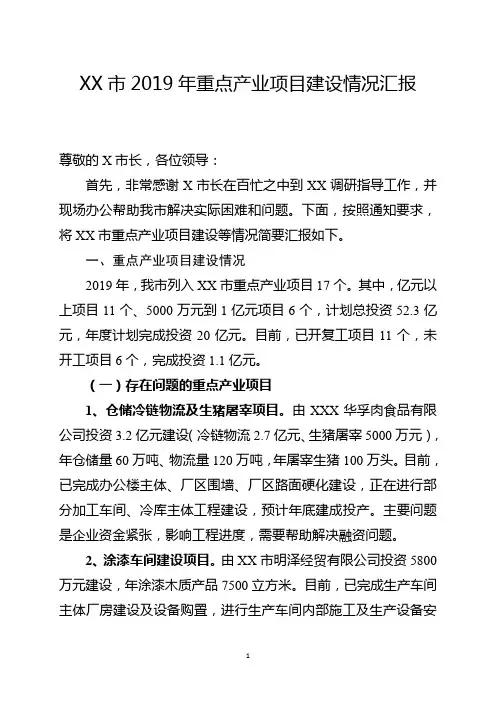 XX市2019年重点产业项目建设情况汇报