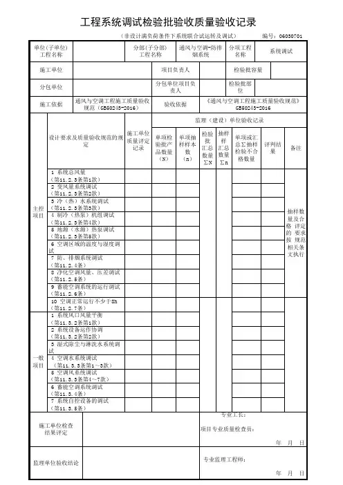 工程系统调试检验批验收质量验收记录(非设计满负荷条件下系统联合试运转及调试)