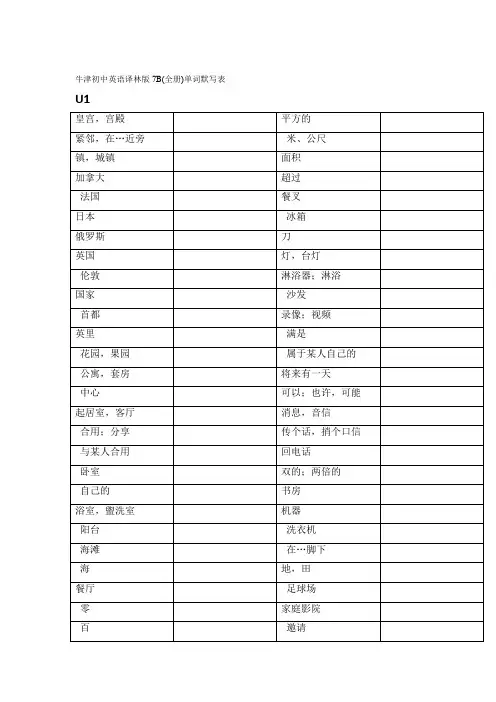 牛津初中英语译林版7B(全册)单词默写表