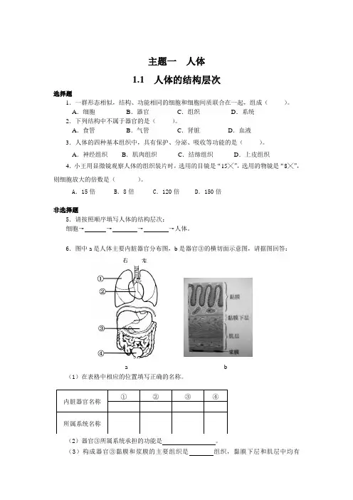 生命科学初中第一册复习试题