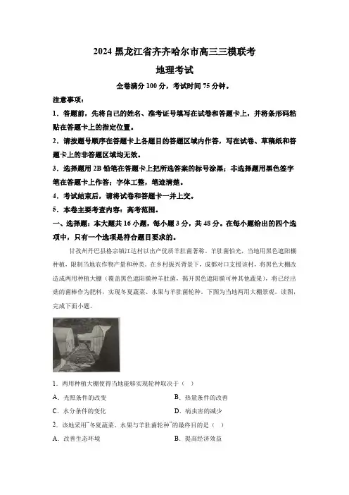 黑龙江省齐齐哈尔市2024届高考三模 地理试题(含解析)