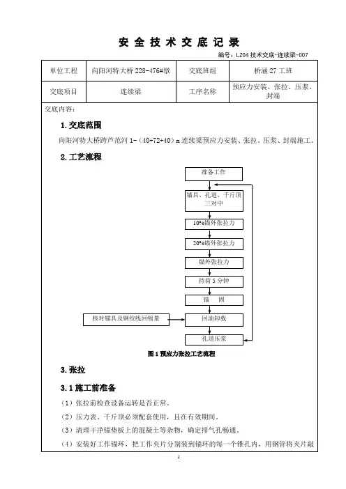 007连续梁预应力安装、张拉、压浆、封端技术交底