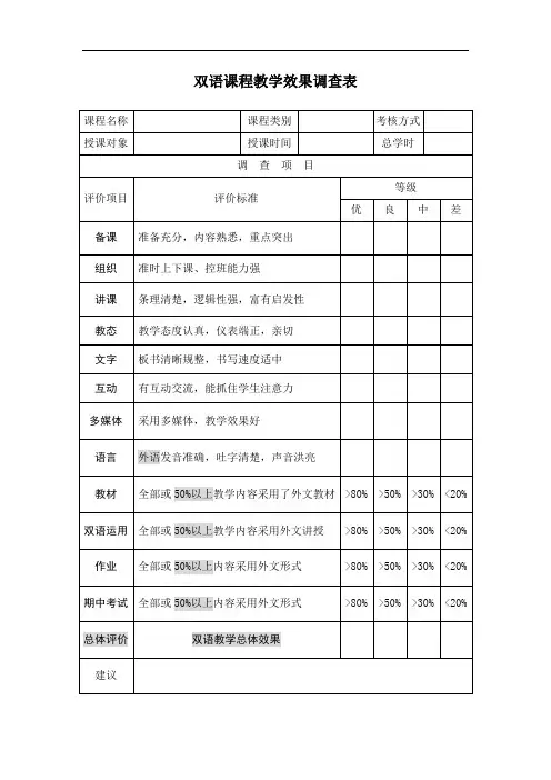 双语课程教学效果调查表