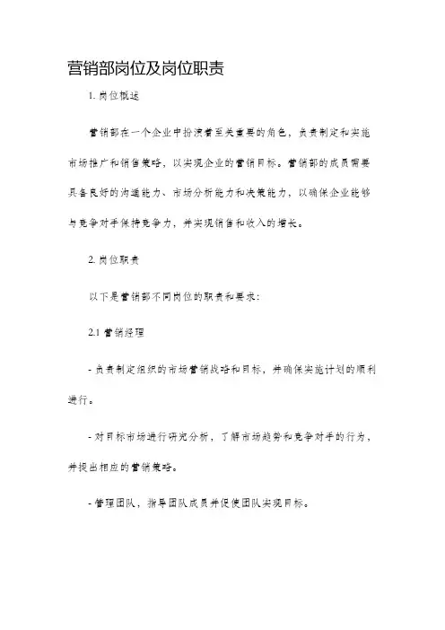 营销部岗位及岗位职责