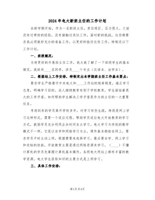 2024年电大新班主任的工作计划(二篇)