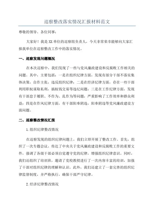 巡察整改落实情况汇报材料范文