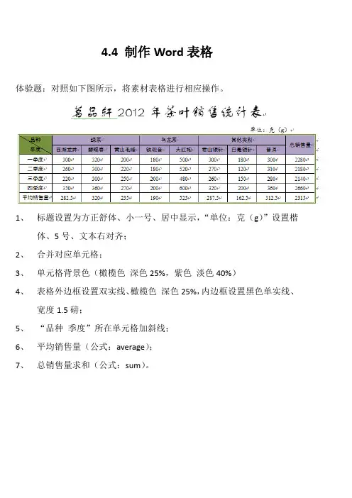 4.4 制作Word表格  练习题
