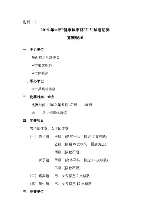 12019年铜川市健康城市杯乒乓球邀请赛竞赛规程【模板】