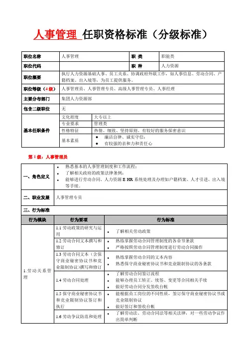 公司人事管理任职资格标准(分级标准)