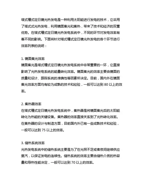 塔式槽式定日镜光热发电各个环节的效率列表