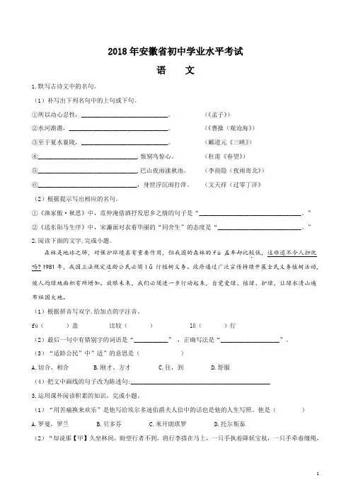 2018年安徽省中考语文真题及标准答案