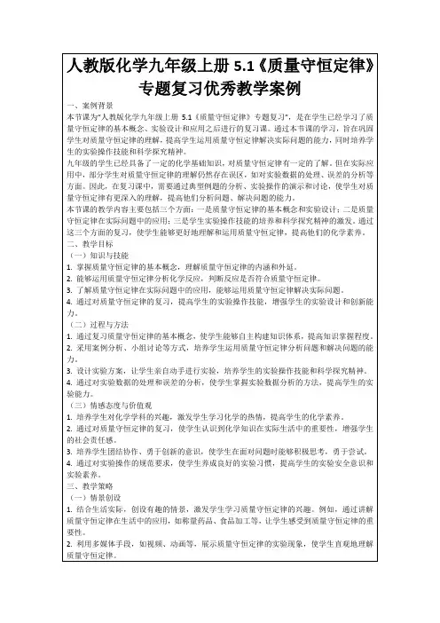 人教版化学九年级上册5.1《质量守恒定律》专题复习优秀教学案例