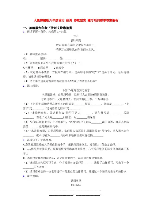 人教部编版六年级语文 经典 诗歌鉴赏 题专项训练带答案解析