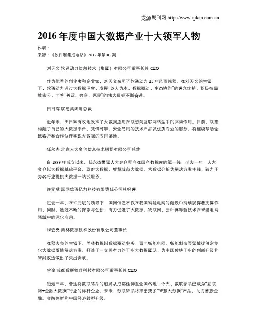 2016年度中国大数据产业十大领军人物
