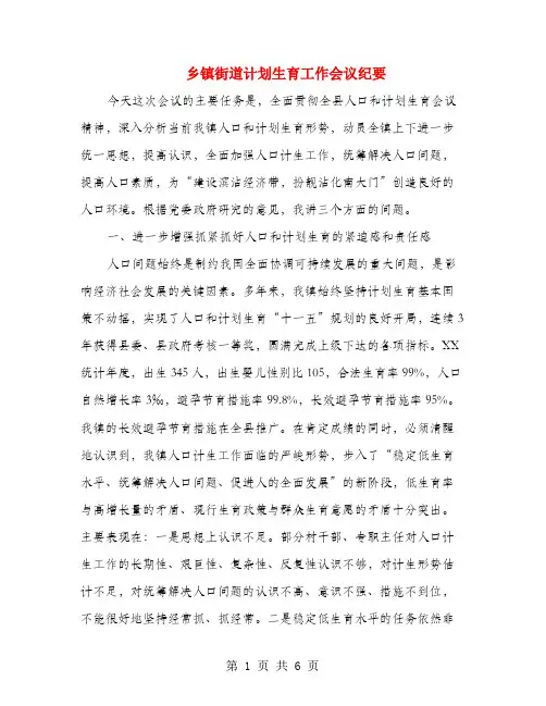 乡镇街道计划生育工作会议纪要
