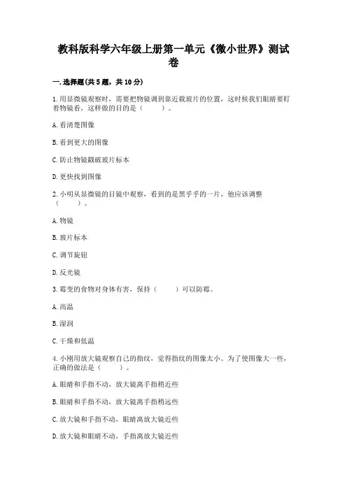教科版科学 六年级上册 第一单元 微小世界 单元练习(  含答案)