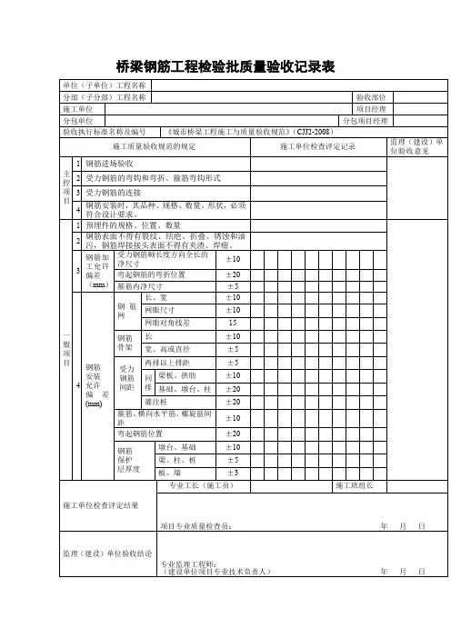 桥梁钢筋工程检验批质量验收记录表