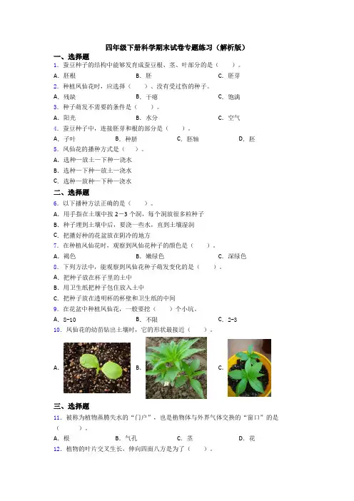 四年级下册科学期末试卷专题练习(解析版)