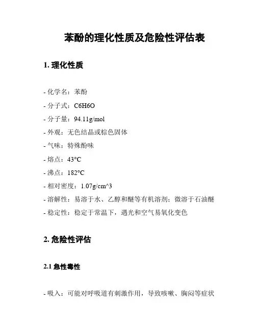 苯酚的理化性质及危险性评估表