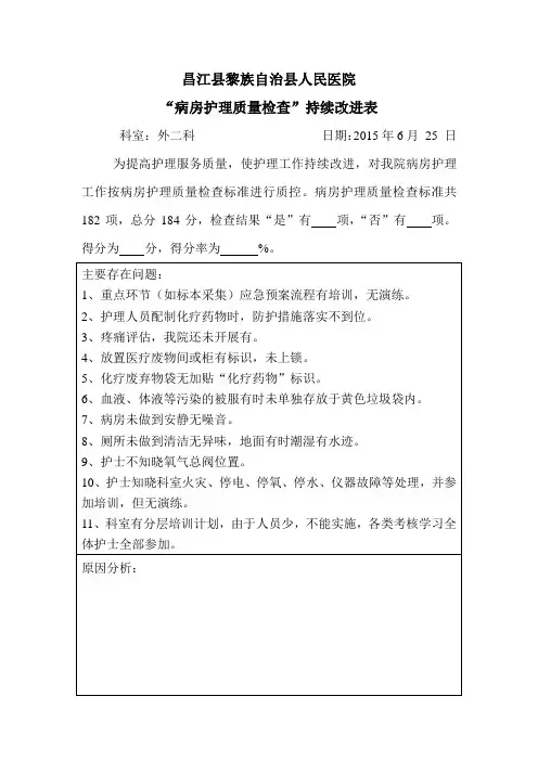 “病房护理质量检查”持续改进表