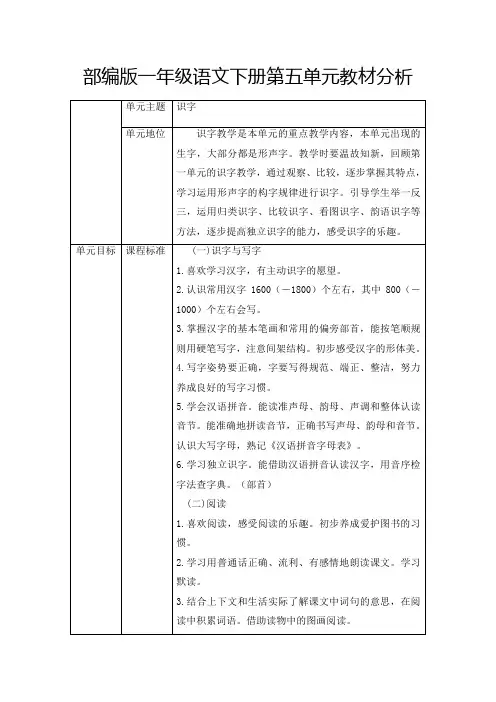 部编版一年级语文下册第五单元教材分析