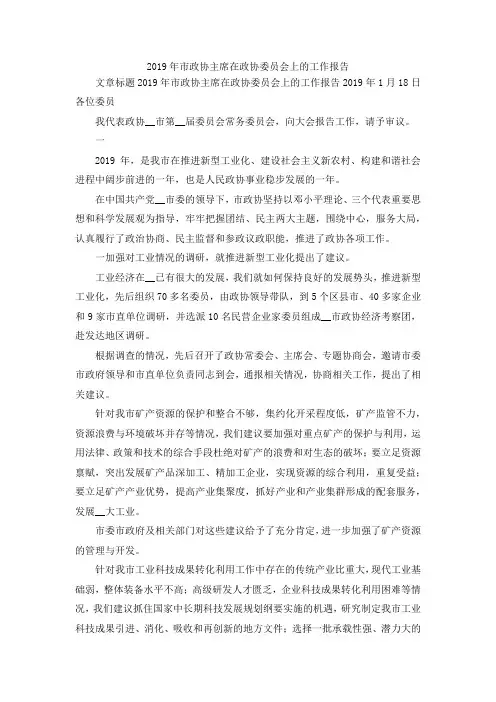 最新-2019年市政协主席在政协委员会上的工作报告 精品
