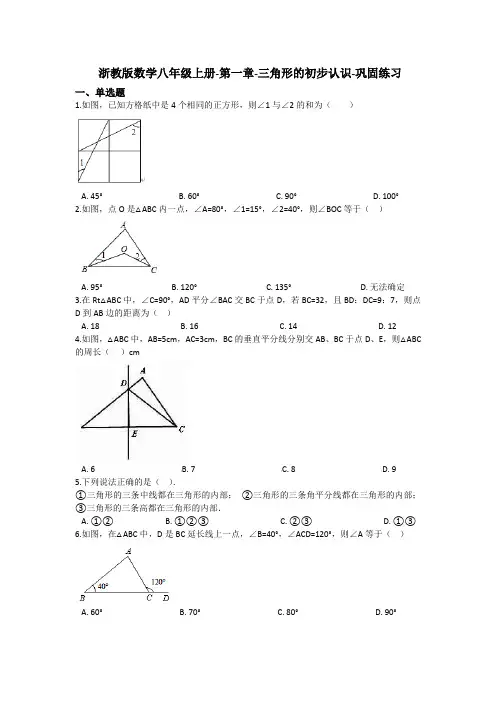 浙教版数学八年级上册-第一章-三角形的初步认识-巩固练习(解析版)