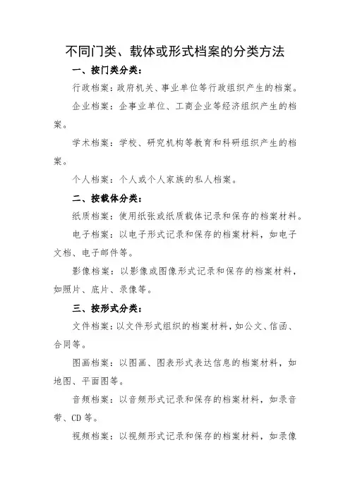 不同门类、载体或形式档案的分类方法