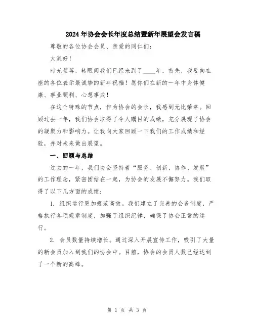 2024年协会会长年度总结暨新年展望会发言稿