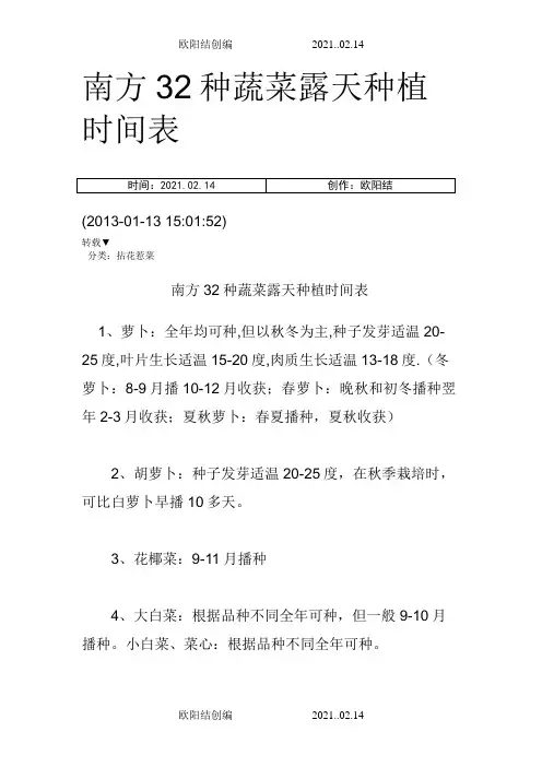 南方32种蔬菜露天种植时间表之欧阳结创编