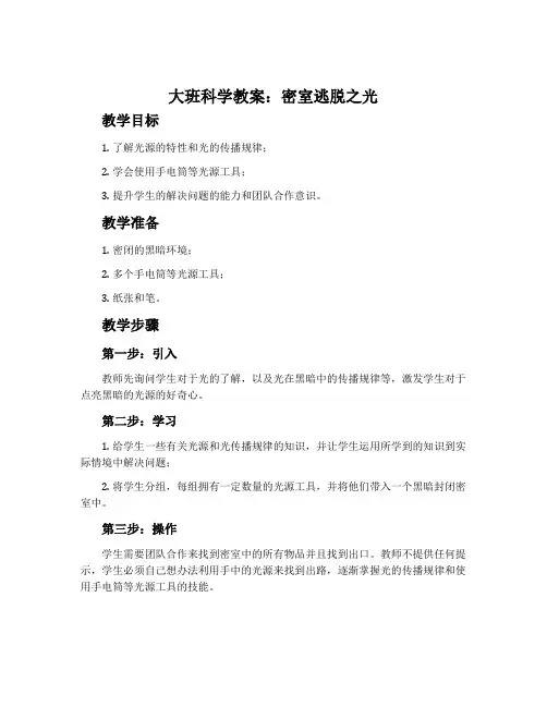大班科学教案：密室逃脱之光